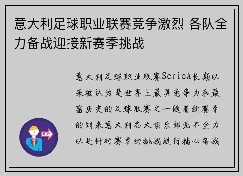 意大利足球职业联赛竞争激烈 各队全力备战迎接新赛季挑战