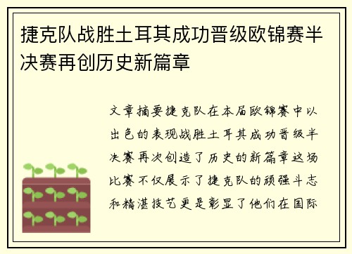 捷克队战胜土耳其成功晋级欧锦赛半决赛再创历史新篇章