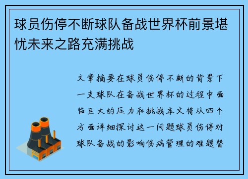 球员伤停不断球队备战世界杯前景堪忧未来之路充满挑战