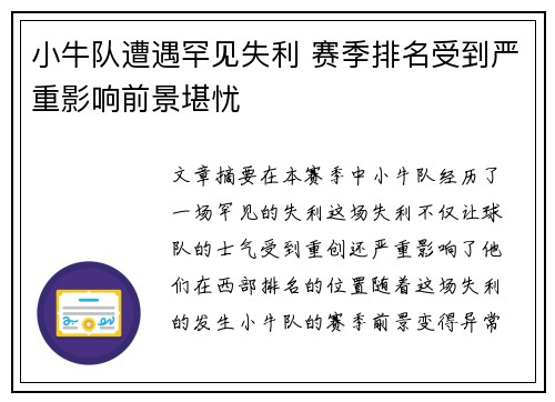小牛队遭遇罕见失利 赛季排名受到严重影响前景堪忧