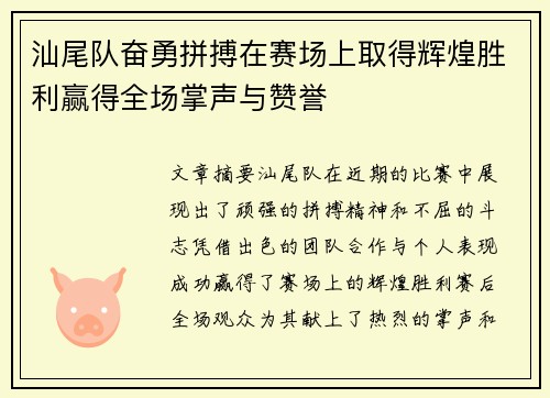 汕尾队奋勇拼搏在赛场上取得辉煌胜利赢得全场掌声与赞誉