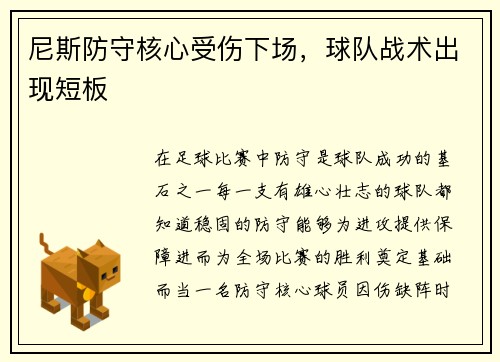 尼斯防守核心受伤下场，球队战术出现短板