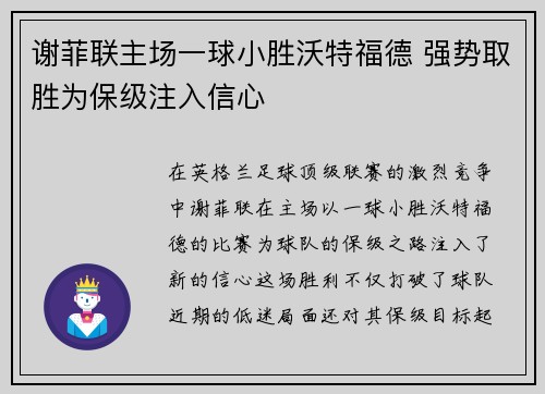 谢菲联主场一球小胜沃特福德 强势取胜为保级注入信心