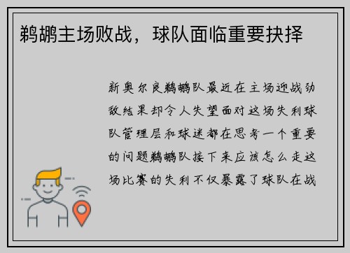 鹈鹕主场败战，球队面临重要抉择