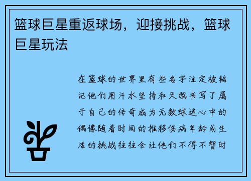 篮球巨星重返球场，迎接挑战，篮球巨星玩法