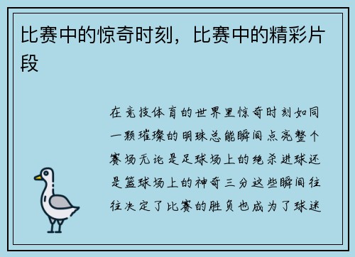 比赛中的惊奇时刻，比赛中的精彩片段