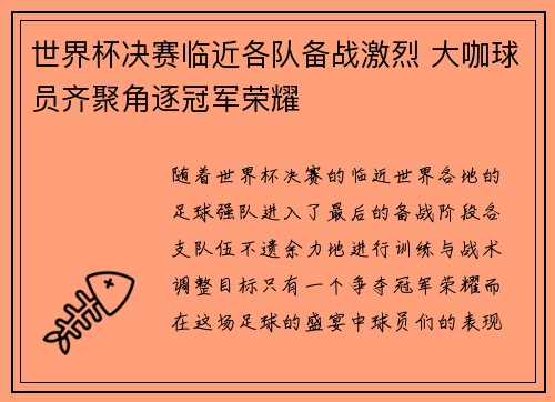 世界杯决赛临近各队备战激烈 大咖球员齐聚角逐冠军荣耀