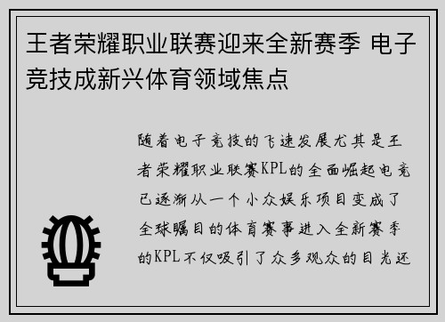 王者荣耀职业联赛迎来全新赛季 电子竞技成新兴体育领域焦点