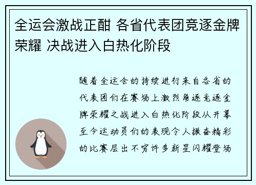 全运会激战正酣 各省代表团竞逐金牌荣耀 决战进入白热化阶段