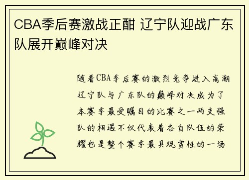 CBA季后赛激战正酣 辽宁队迎战广东队展开巅峰对决